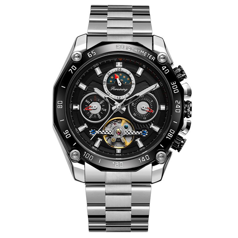 FORSINING hombres de negocios correa de acero reloj mecánico automático multifunción reloj de seis pines Placa de reloj mecánico 6913