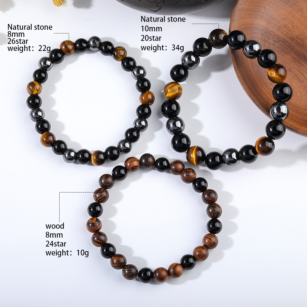 Streetwear Round Natural Stone/Tigereye/Haematite/Iron Ore/Black Glass/Ebony Beaded Men's Bracelets Surgical Gold Plated Jewelry Sets display picture 2