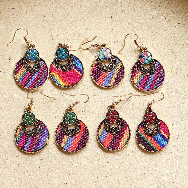 1 Pair Ethnic Style Round Cloth Metal Plating Inlay Artificial Gemstones Women's Drop Earrings display picture 2