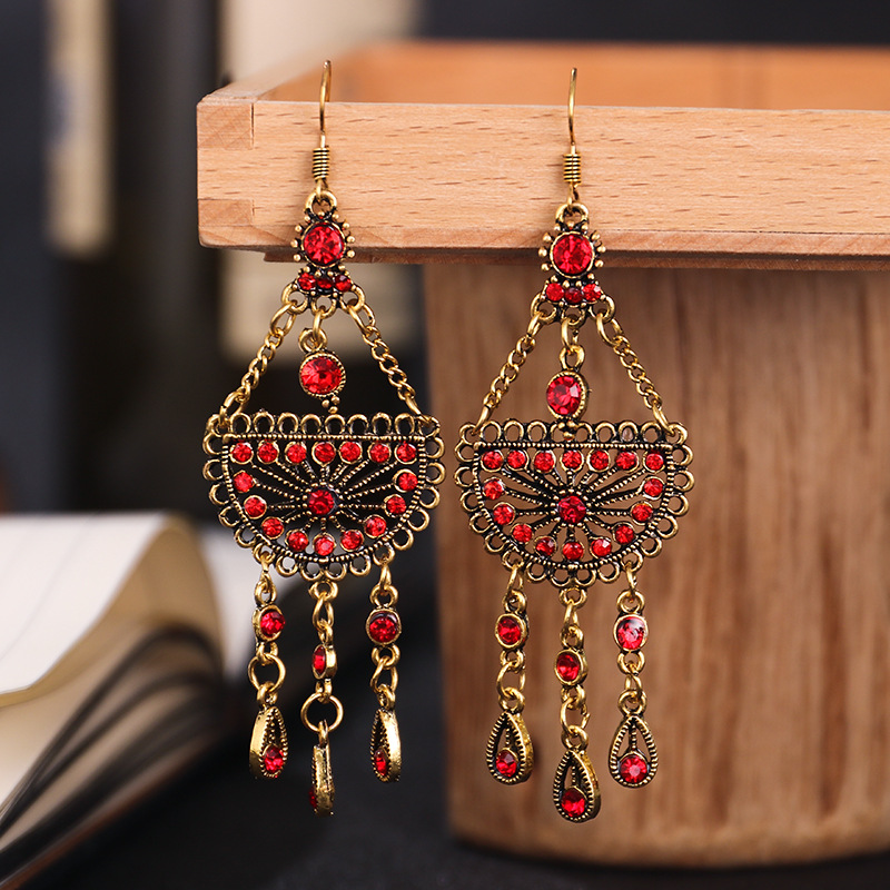 1 Pair Ethnic Style Semicircle Tassel Alloy Plating Inlay Artificial Diamond Women's Drop Earrings display picture 2