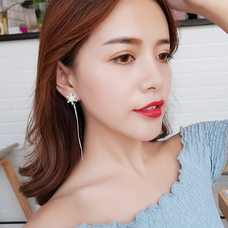 B267圣诞微镶锆石耳环后挂式银针雪花耳钉无耳洞耳夹耳饰耳坠批发