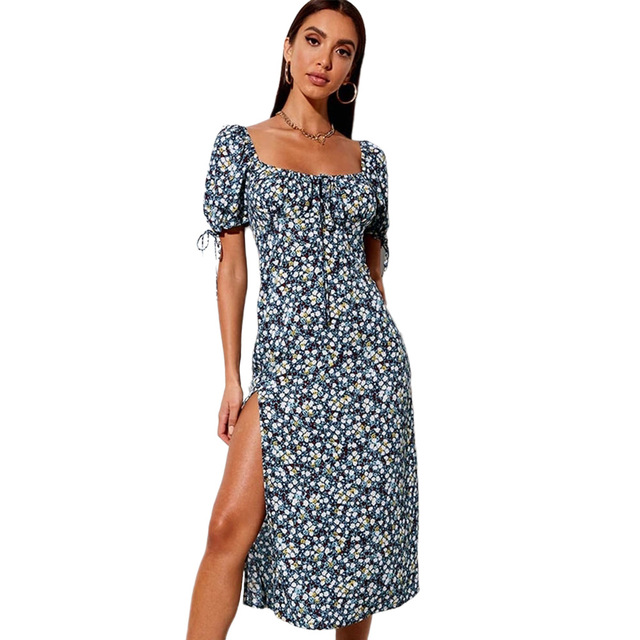 Open back slit skirt sexy square neck lace up short sleeve Floral Dress