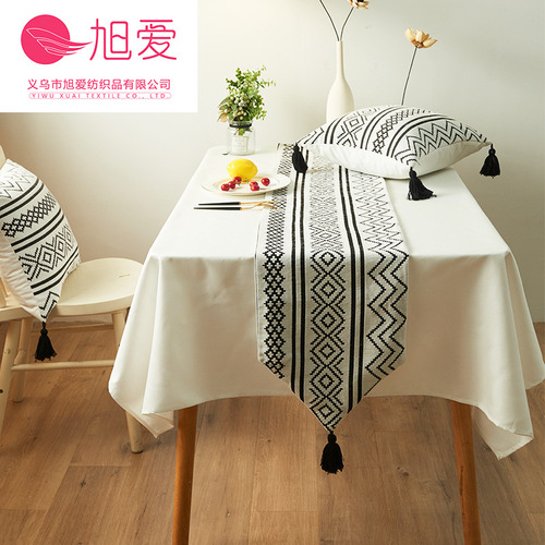 New Home Sheer Tablecloth with Geometric Line Style, Fringe, Double Layer, Minimalist Nordic Style