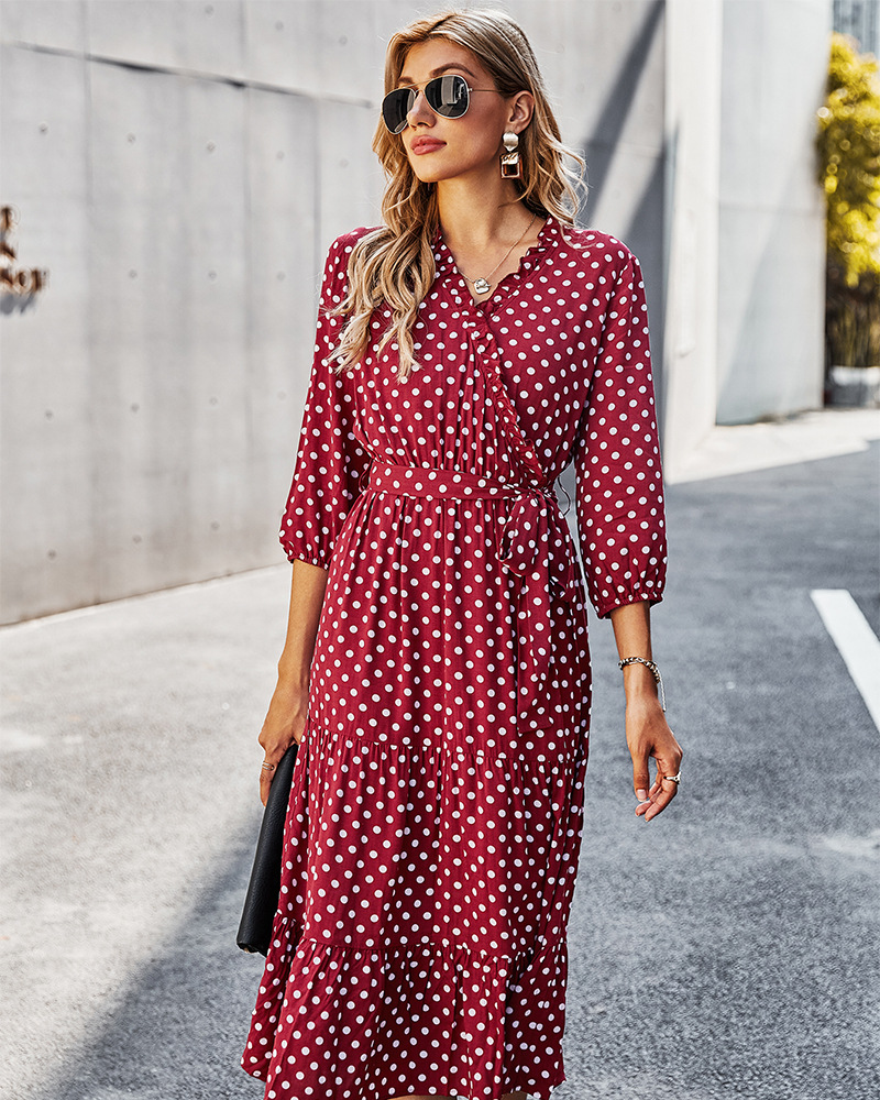 Long-Sleeved V-Neck Receiving Waist Polka Dot Dress NSDY100532