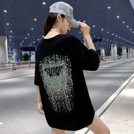 欧美潮牌重工烫钻中长款大版宽松欧洲站T恤女短袖2024年新款夏季