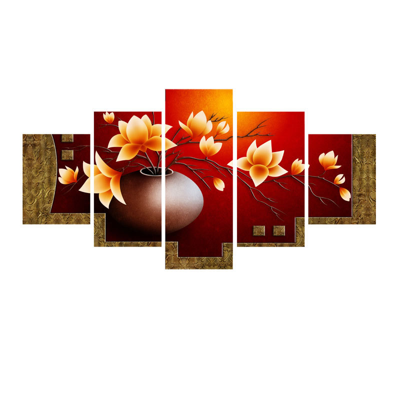 厂家直销玉兰花卉花瓶喷绘五联装饰画客厅壁画无框画喷绘帆布画芯