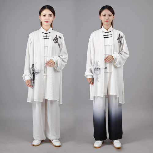 White with black Chinese tai chi clothing kung fu suit women's elegant color painting three piece suit for competition performance cltohes