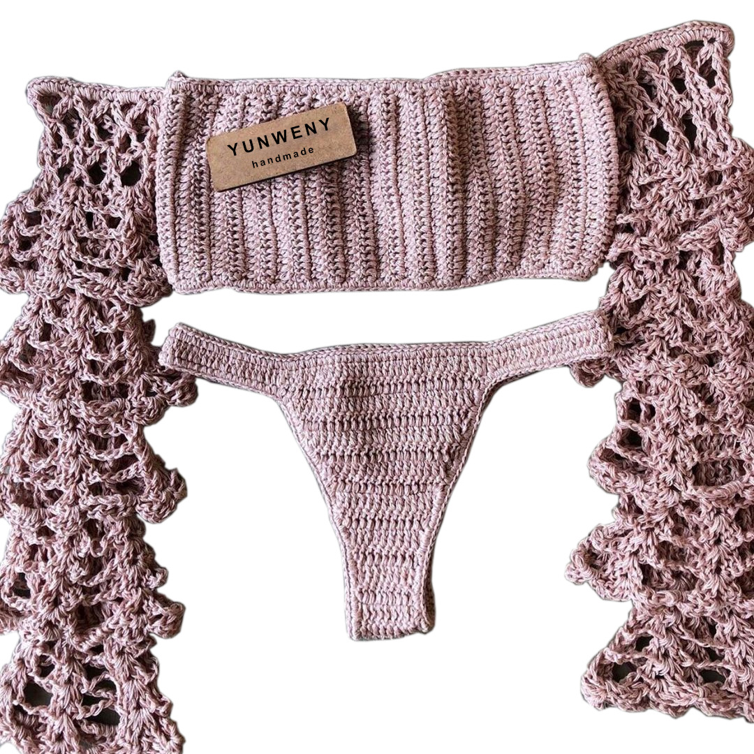 新款欧美木耳边长袖镂空针织手工蛋糕袖上衣性感女士沙滩装比基尼