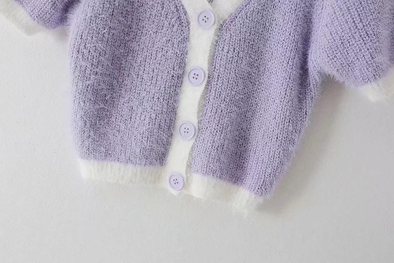 Cárdigan de suéter de punto de manga corta púrpura corto delgado NSZQW115406