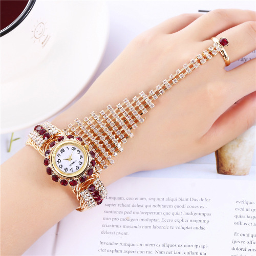 Factory Direct Supply New Khorasan Trendy Women's Full Diamond Claw Chain Ring Set Watch Fashion Women's Bracelet