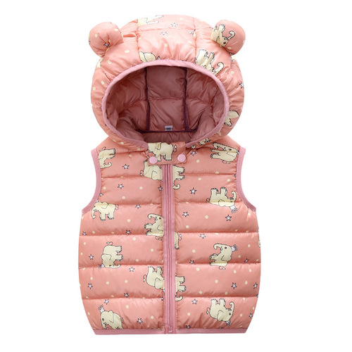  New Children's Cartoon Style Down Cotton Hooded Vest Candy Color Middle and Small Children Lightweight Outerwear Baby Wide Shoulder