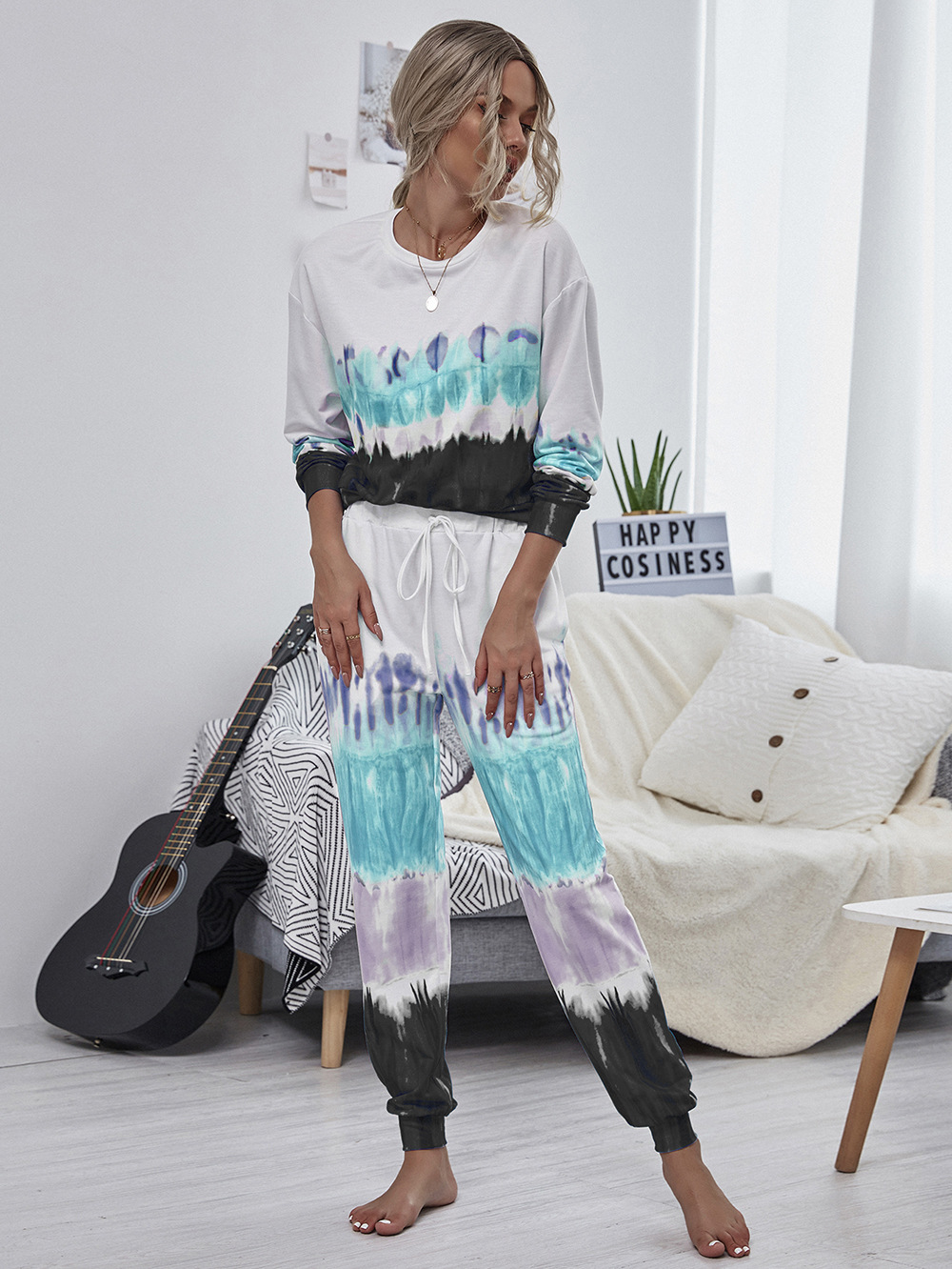 hot style printed tie-dye sweater women s long-sleeved round neck pullover sweater set NHDF88