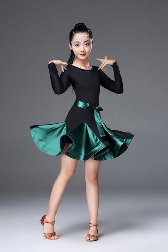 Children  black pink blue Latin dresses long sleeve dance skirts class training competition grading latin dance performance clothes