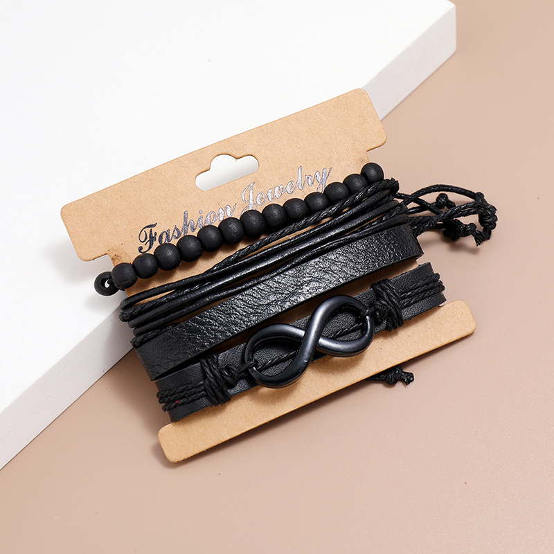 Fashion multi-layer woven retro cowhide simple black 8 word leather bracelet