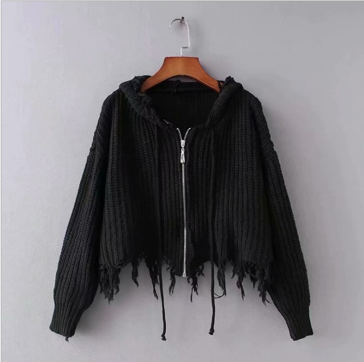 Chaqueta de Punto con Capucha y Borlas para Mujer, Estilo Europeo y Americano, Comercio Exterior Transfronterizo de Amazon, Suéter con Cremallera, Chaqueta de Punto, 2025