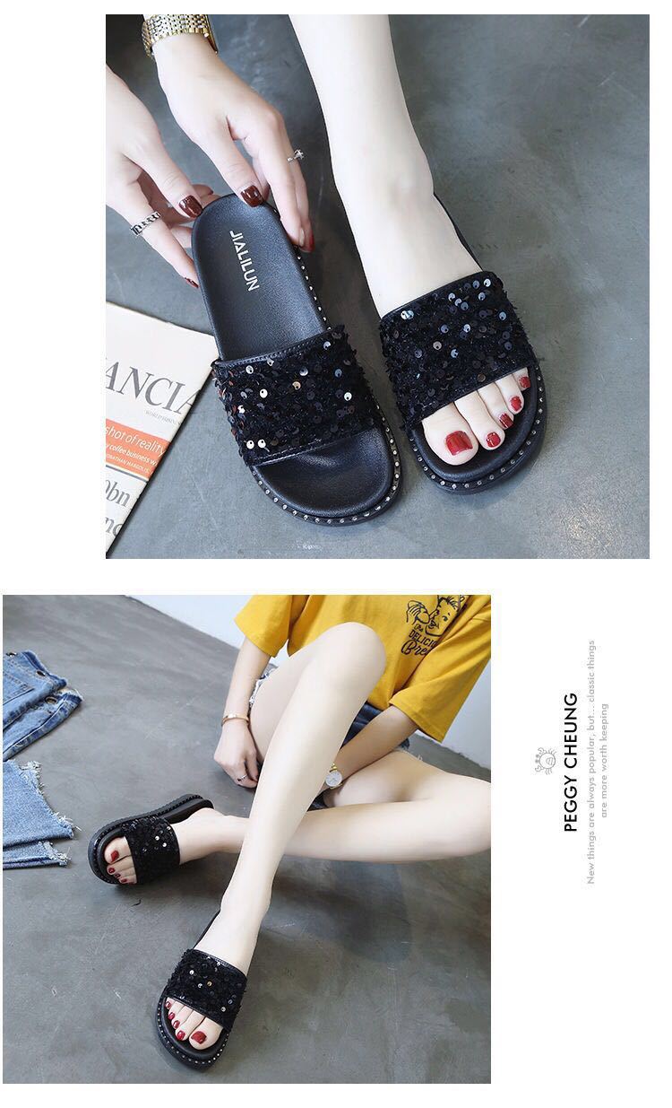 Pailletten-Mode-Hausschuhe für Damen, Sommer, koreanische Muffin-Schuhe mit dicken Sohlen, Oberbekleidung im neuen Stil, koreanischer flacher Boden, einzeilige Hausschuhe, Studenten_voghion.com