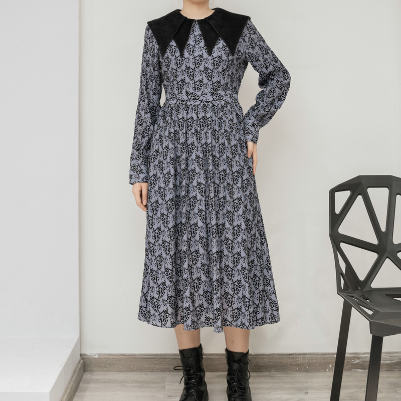 时尚双层领收腰显瘦气质植绒印花连衣裙 2020新款韩版高腰长裙子
