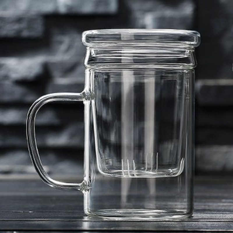 Cubierta de madera taza de té de vidrio de borosilicato con mango traje de té taza de té perfumada con tapa Filtro de tres piezas taza de té verde