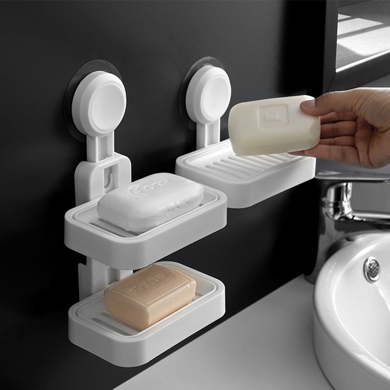 Caja de jabón de 2 capas sin fisuras baño montado en la pared inodoro sin perforar drenaje jabón rack caja de jabón de doble capa