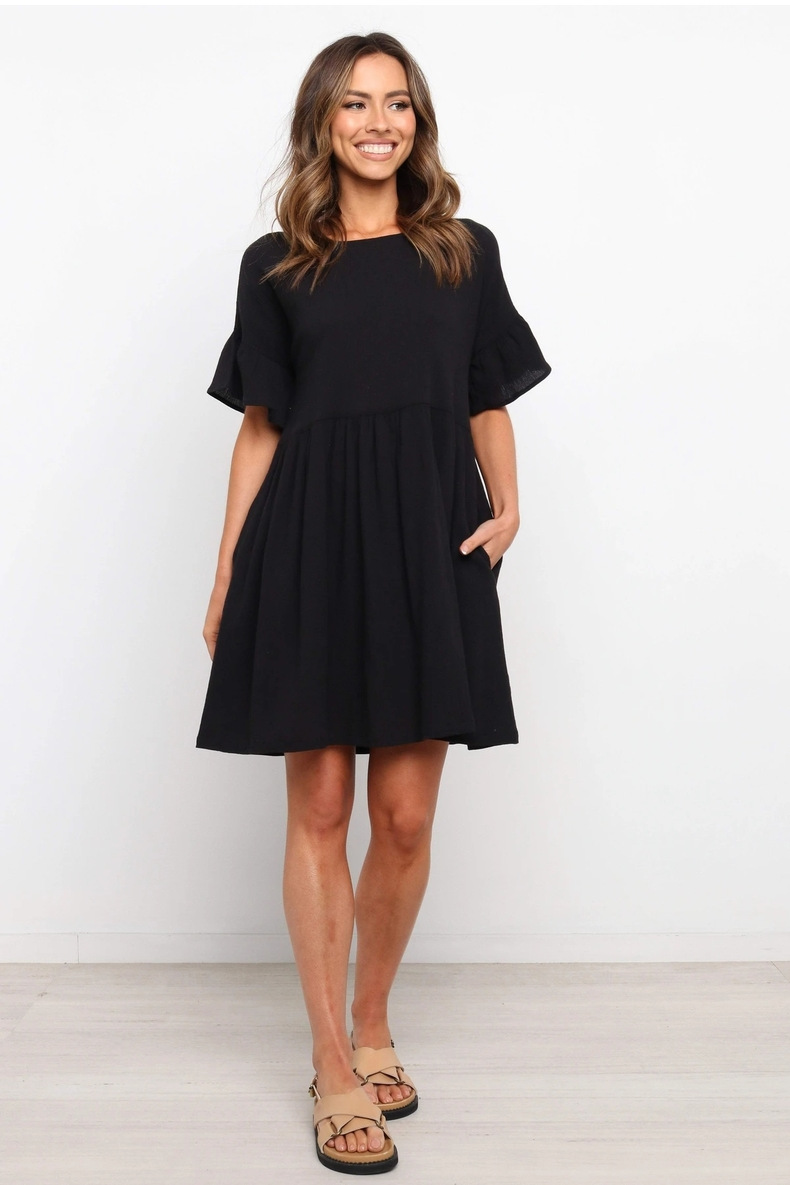 ruffled solid color round neck short-sleeved dress Nihaostyles wholesale clothing vendor NSJRM72230