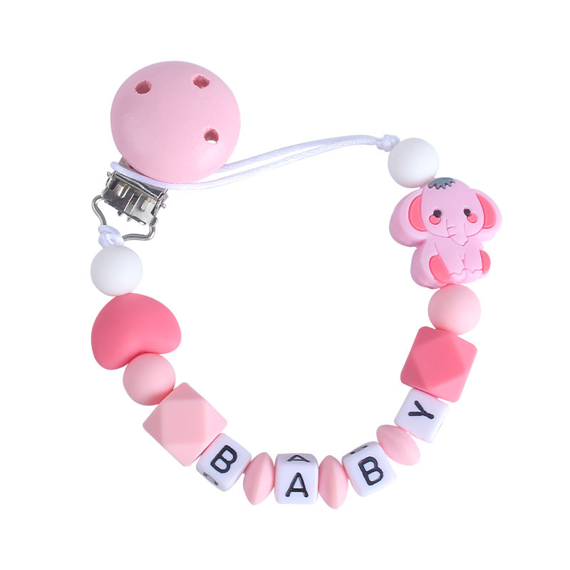 Personalizable bebé chupete clip de plástico bebé calmante cuentas de silicona elefante mordedor molares Cadena de chupete cadena anti-caída