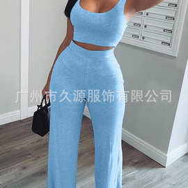 大码组  2024夏季亚马逊wish欧美新款背心+长裤休闲运动基础套装