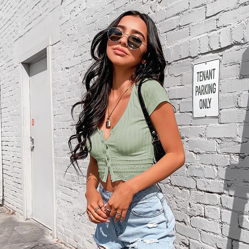 Solid Color Round Neck Sexy Tight Leisure T-shirt Hollow Lace Hem Cardigan Women's Streetwear 2020 Summer New
