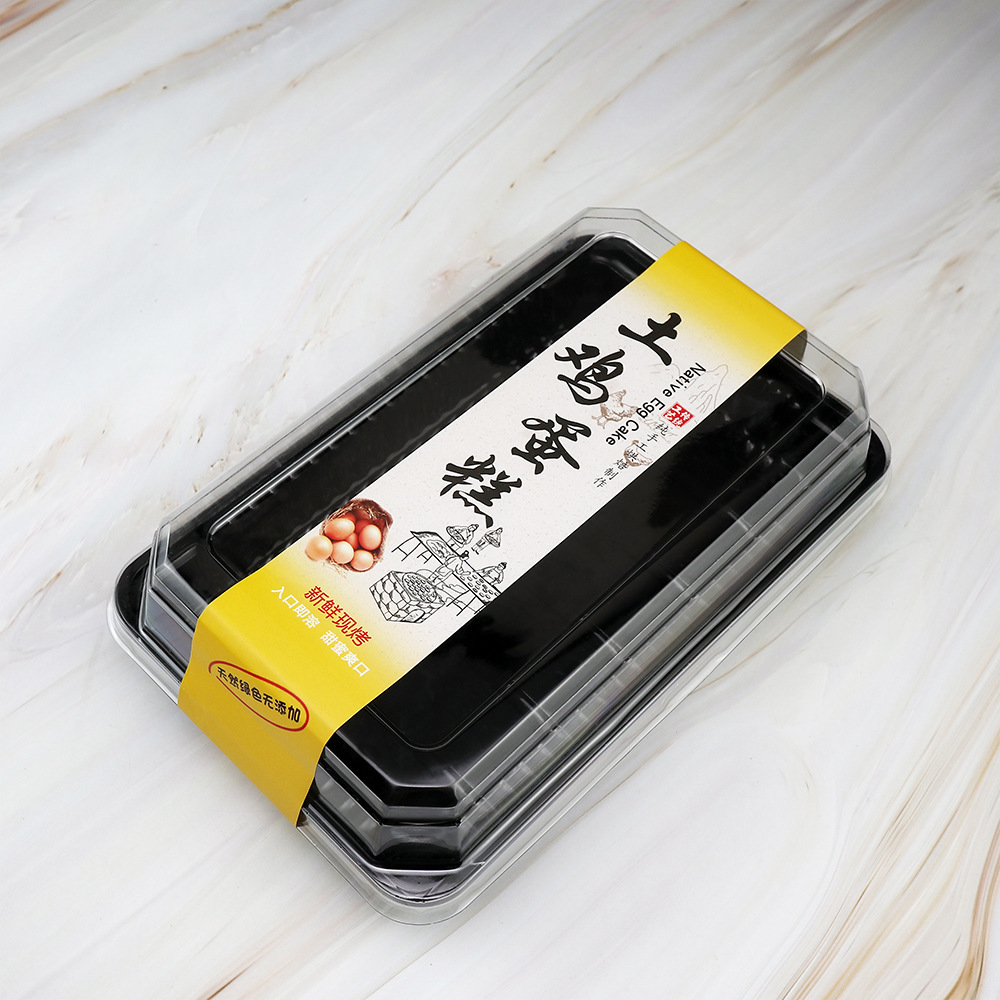 Caja de embalaje de pastel de pollo nativo, fondo negro transparente, caja de pastel de queso rectangular, caja de pan para hornear, caja de blister de punto oeste