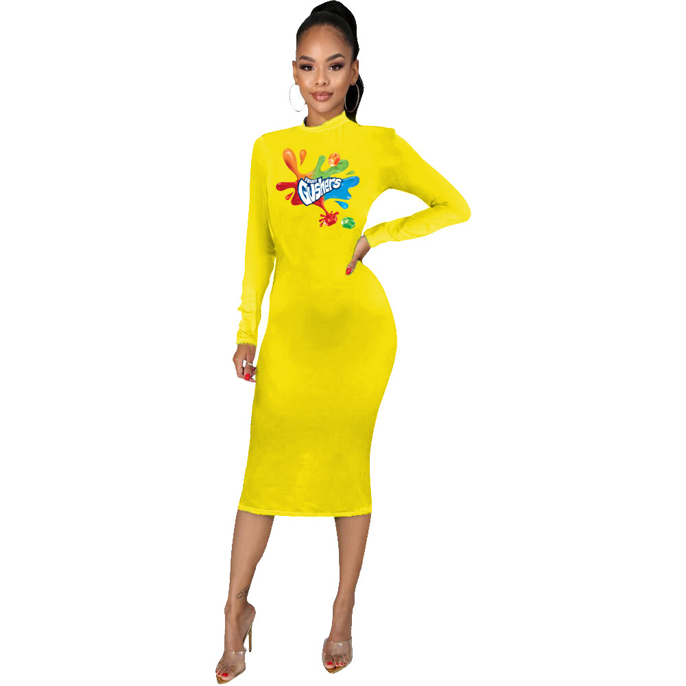 D9444 Amazon Hot European and American Women's Casual Fashion Women's Tight Pattern Printed Long Sleeve Dress