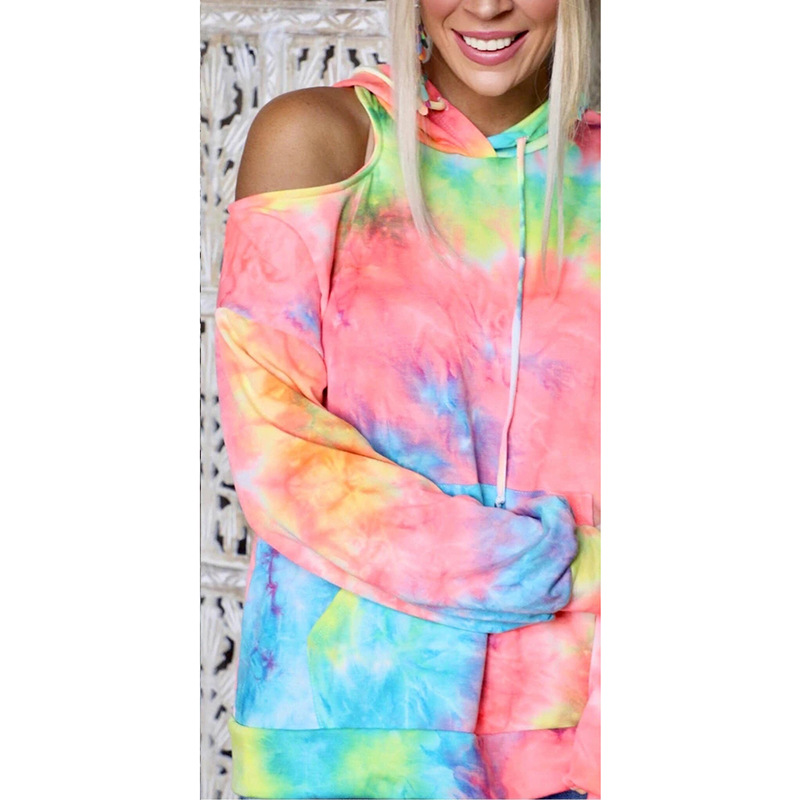 tie-dye printing off-shoulder long-sleeved pocket hooded sweater NSZH28687