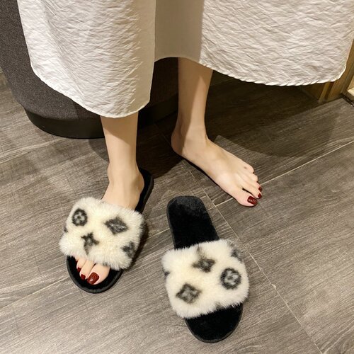 Foreign trade Amazon autumn and winter new large fur flat slippers for women's home non-slip rabbit fur open cotton slippers wholesale