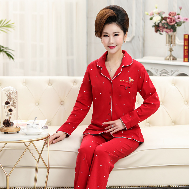 Primavera y otoño pijamas mujeres 100% algodón de manga larga cardigan de mediana edad ropa para el hogar de la madre se puede usar con un traje de hombre grande