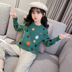 女童洋气网红套装秋冬装2020新款中大童圆点貂绒毛衣毛呢裤两件套
