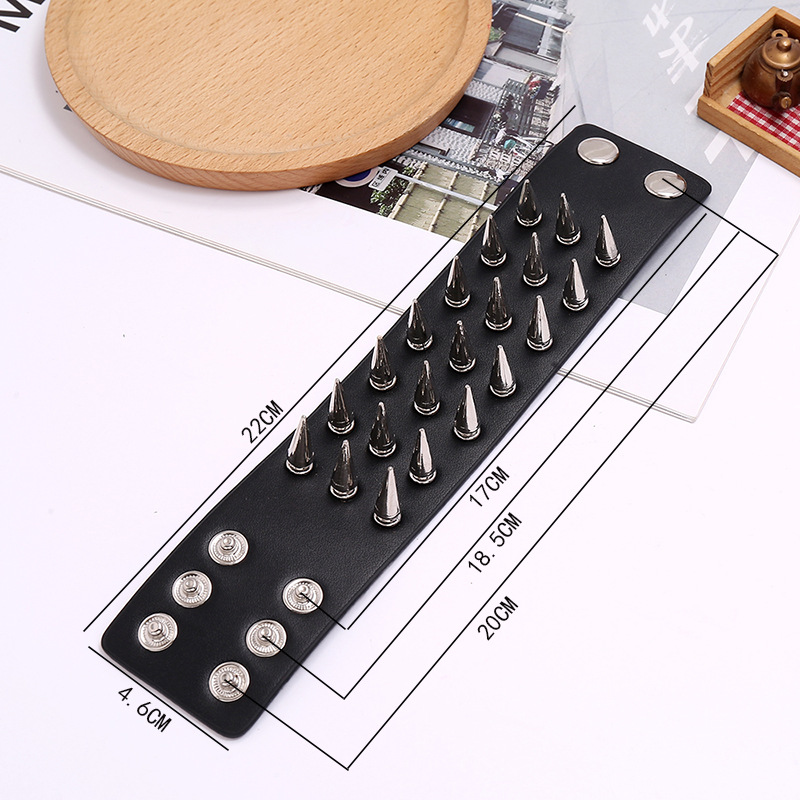 Fashion new three-row spikes exaggerated punk wide leather bracelet