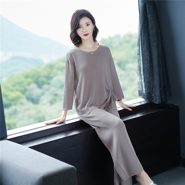 Set simple solid color round neck Pullover knitwear plus loose thin wide leg pants two-piece set