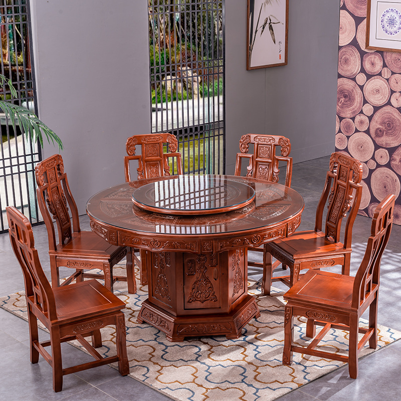 Full solid wood round dining table carved oak round table household