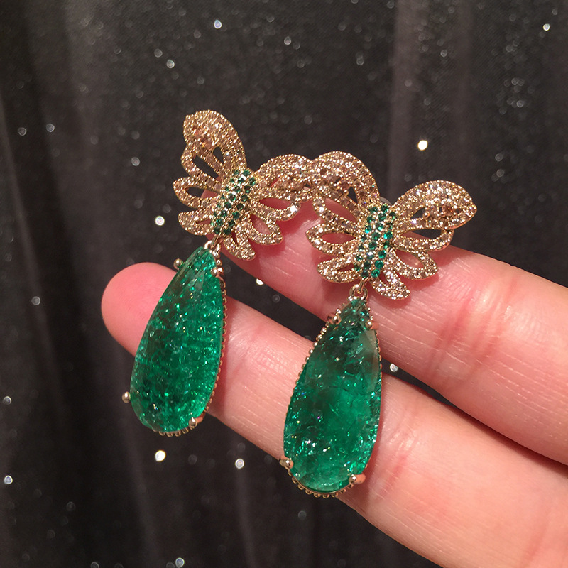 Golden Butterfly Earrings Hollow Super Fairy Emerald Tourmaline Earrings S925 Silver Needle Luxury Exaggeration Large Earrings display picture 6