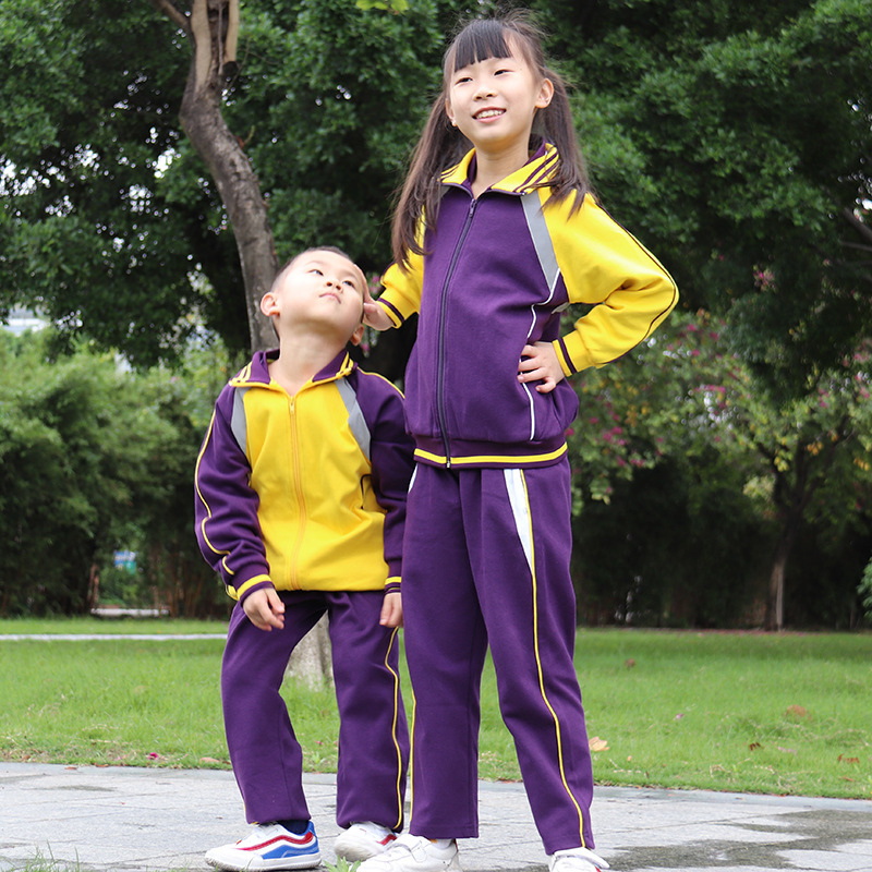 珠海斗门小学生冬校服厂家定制两件套运动服外套长裤纯棉保暖套装|ms