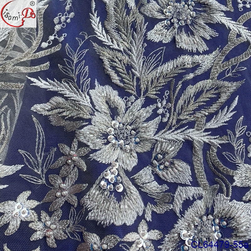 梦幻纯色婚纱礼服裙骨绣花面料 重磅串珠亮片绣透明网蕾丝CL64479