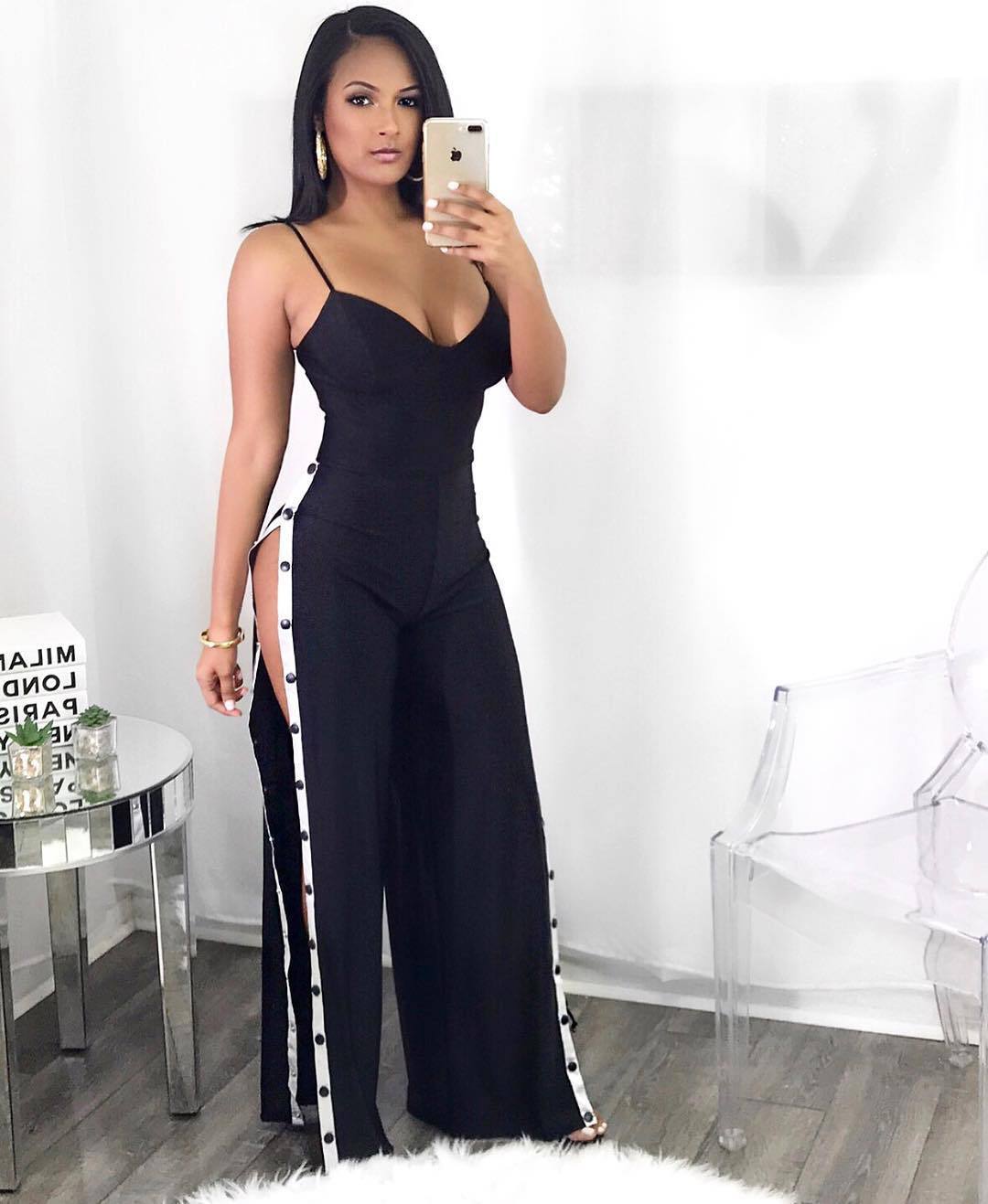 V-neck loose slit slip jumpsuit NSYMS129669