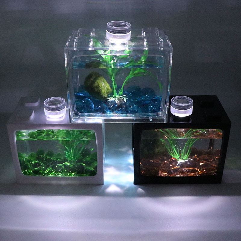 New acrylic fish tank transparent creative table area wooden bucket fish tank LED lamp mini small landscaping aquarium