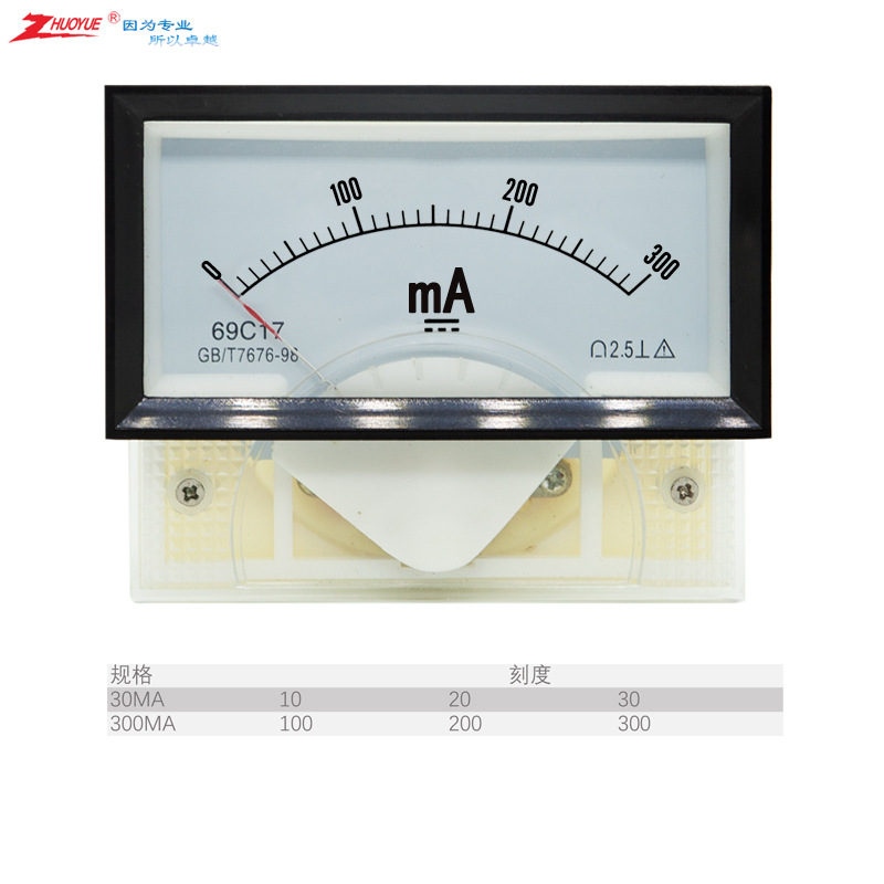 指针励磁直流毫安电流表69C17-A 0-3mA 30mA 300mA 黑框夹持安装