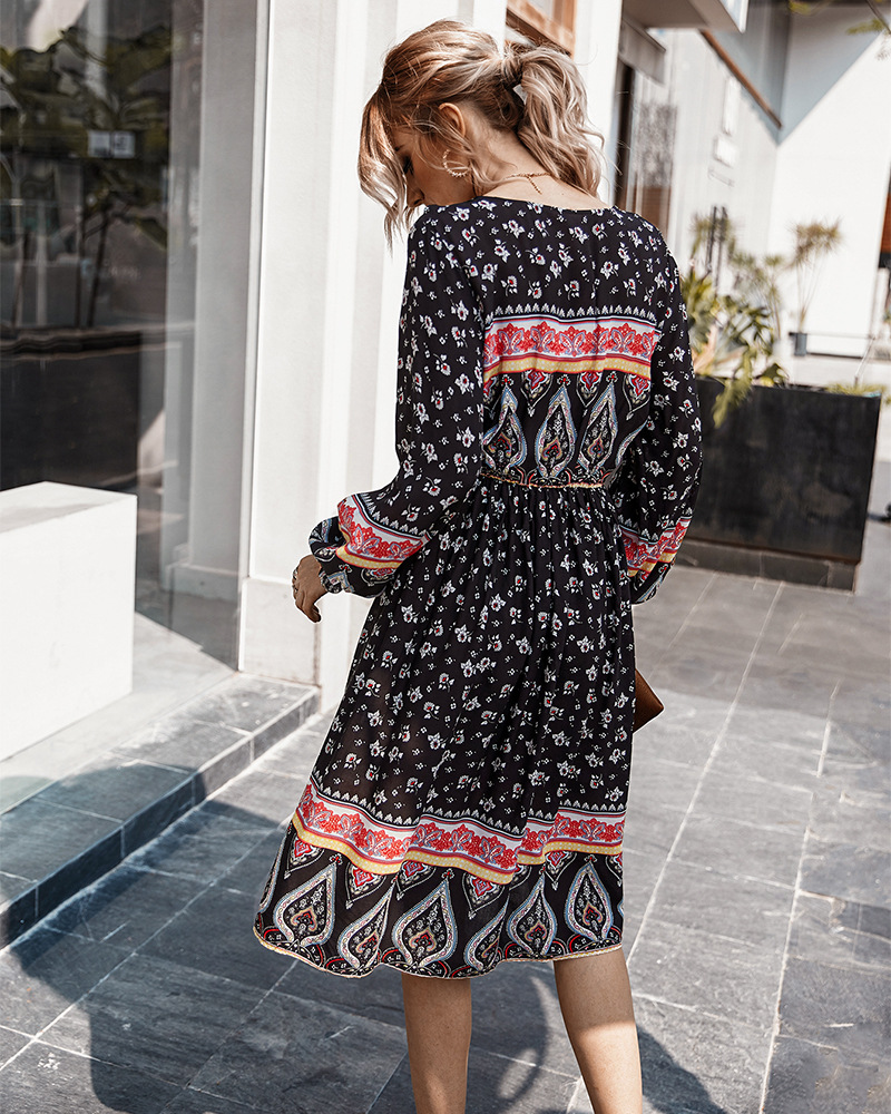 bohemian holiday style spring and summer new long-sleeved printed dress NSKA1050