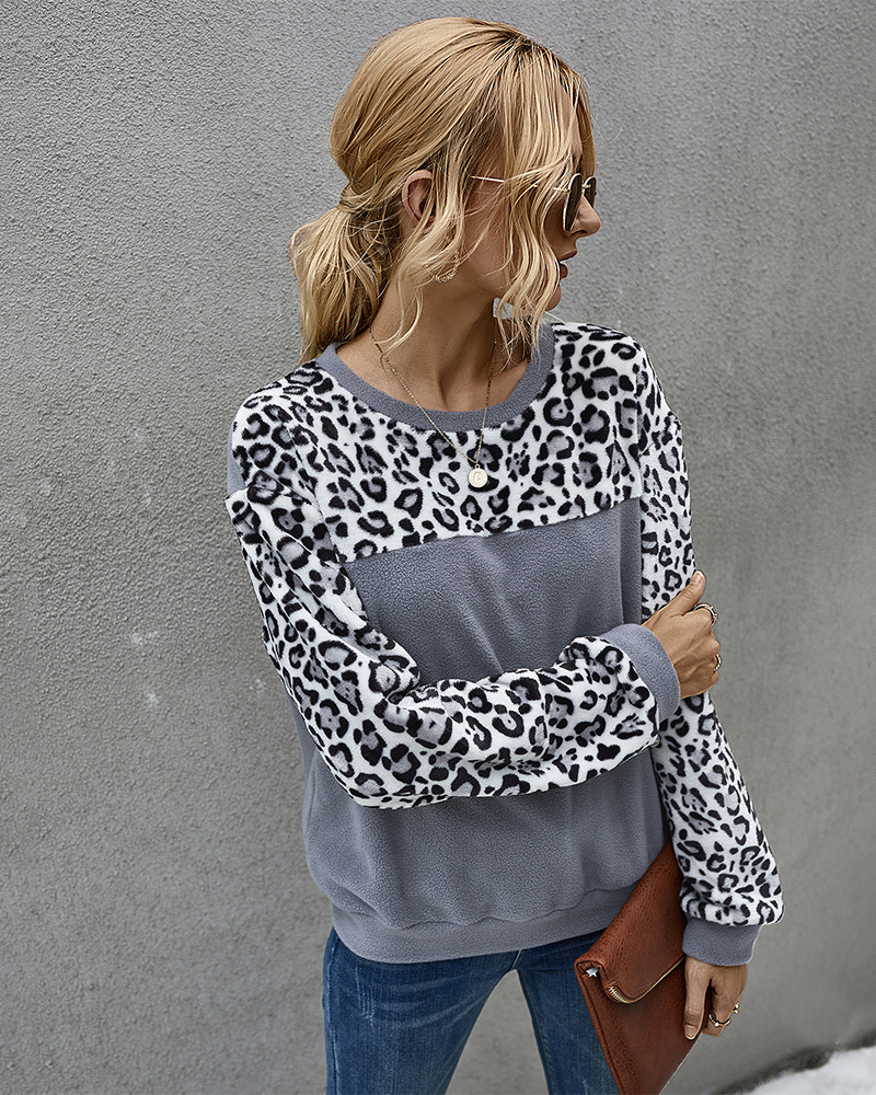 winter fleece sweater sexy leopard print contrast long-sleeved T-shirt  NSKA296