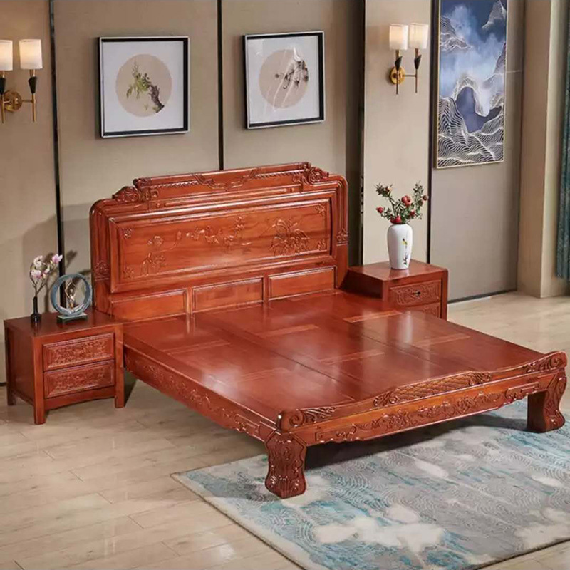 New Chinese rosewood high-grade solid wood bed Ming and clear antique carved red wood bed 1.8m double bed bedroom furniture