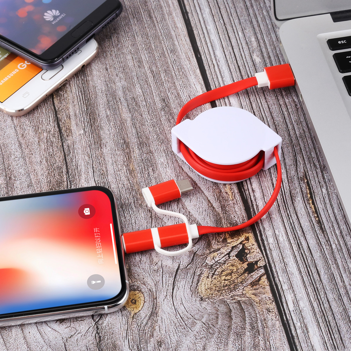 白壳塑胶三合一伸缩数据线一拖三伸缩线适用苹果安卓快充线通用|ms