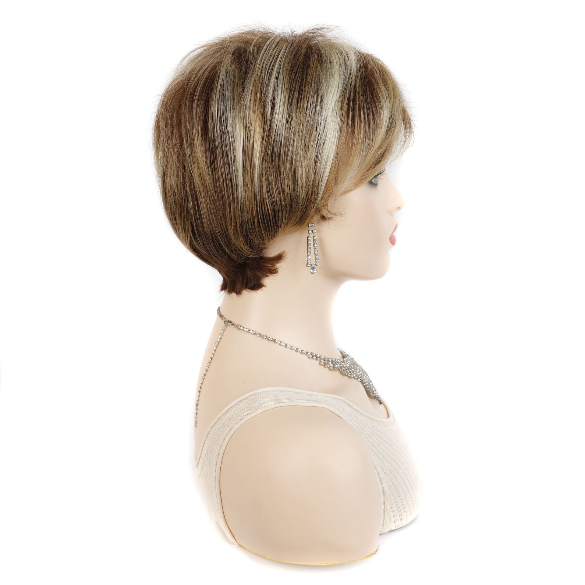 Ameerika paruka peakatted, väliskaubandus, lühikesed juuksed, kaldus tukk, naiste peakatted, lühikesed lokkis juuksed, pruunid ja valged pleegitatud keemilised kiud_voghion.com