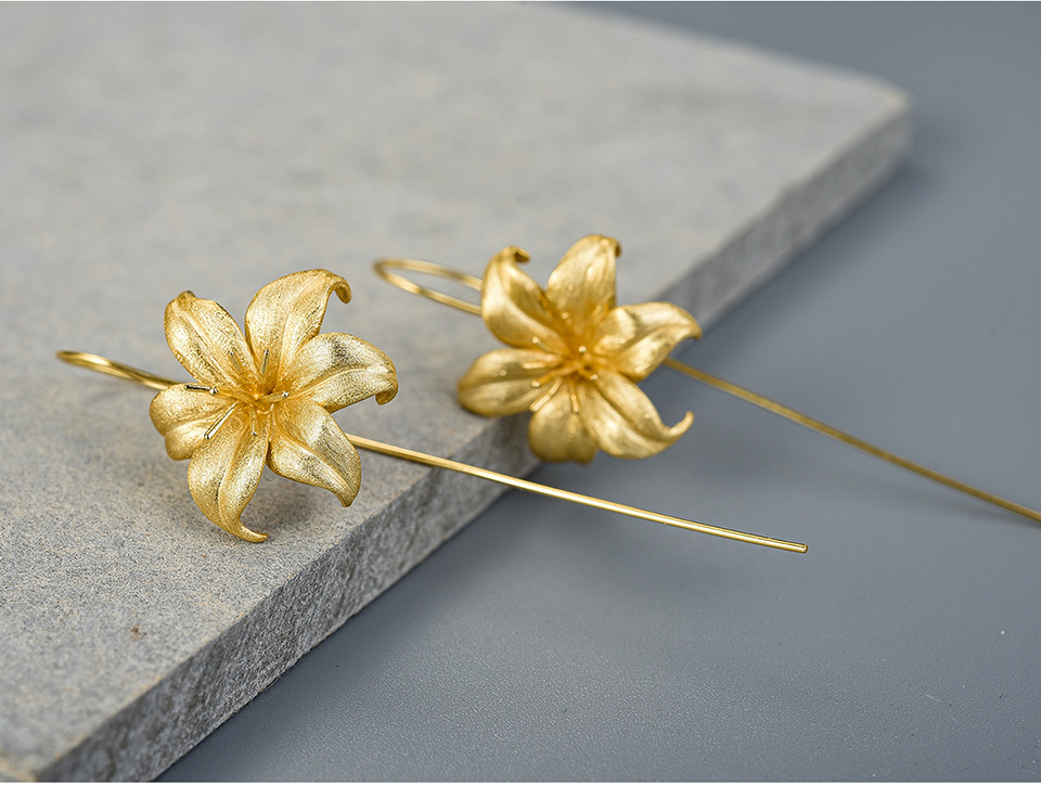 Electroplated Gold Plating Process 925 Sterling Silver Ear Needle Material 1 Pair 925 Sterling Silver Flower Drop Earrings