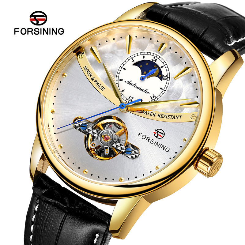 Forsining Fusini 8179 cinturón hombres de negocios reloj mecánico automático transparente inferior hueco reloj hombres