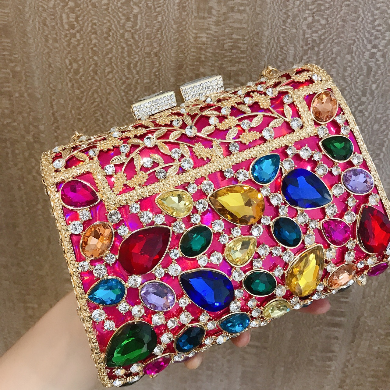 Túi xách tay mini nữ đính kim cương dạ tiệc kim loại vuông nhỏ — Hoa violet chi tiết 8